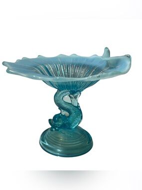 Antique Northwood Turquoise Opalescent Glass Dolphin Fish Compote Candy Dish vtg